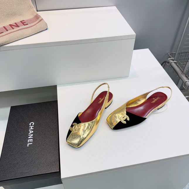 CHANEL 26S FLAT SLINGBACK IN GOLD LAMBSKIN AND BLACK SUEDE