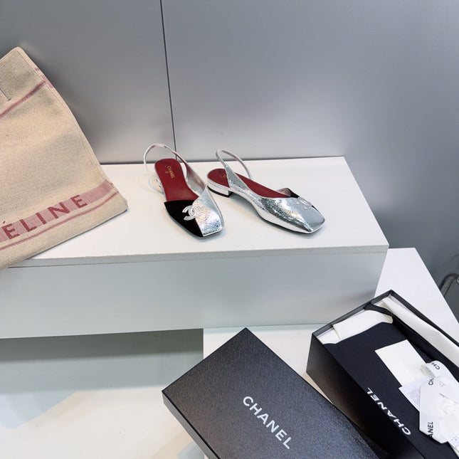 CHANEL 26S FLAT SLINGBACK IN SILVER LAMBSKIN AND BLACK SUEDE