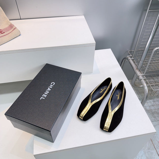 CHANEL 26S SQUARE-TOE FLATS IN BLACK SUEDE WITH GOLD PATENT TRIM