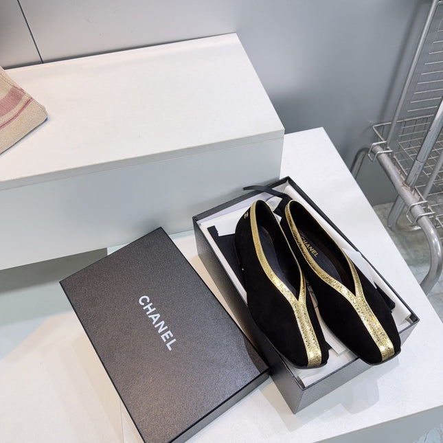 CHANEL 26S SQUARE-TOE FLATS IN BLACK SUEDE WITH GOLD PATENT TRIM