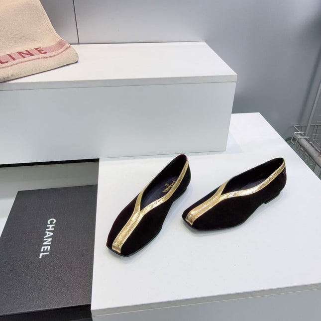 CHANEL 26S SQUARE-TOE FLATS IN BLACK SUEDE WITH GOLD PATENT TRIM