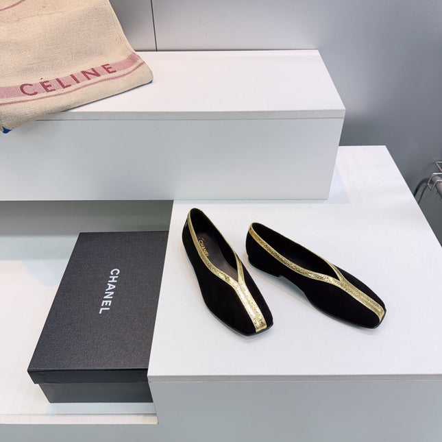 CHANEL 26S SQUARE-TOE FLATS IN BLACK SUEDE WITH GOLD PATENT TRIM