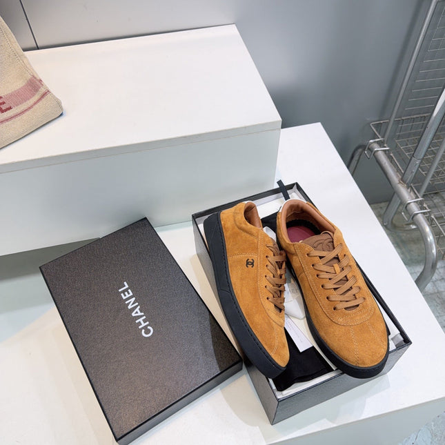 CHANEL 26S GUM SOLE SNEAKERS IN MUSTARD BROWN SUEDE