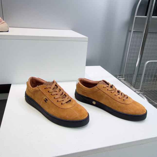 CHANEL 26S GUM SOLE SNEAKERS IN MUSTARD BROWN SUEDE