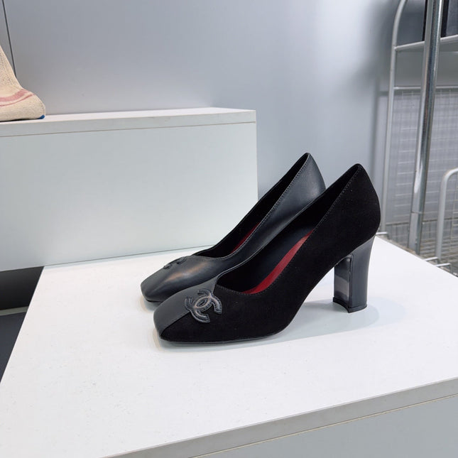 CHANEL 26S SQUARE-TOE HIGH HEELS 95 MM IN BLACK SUEDE AND LAMBSKIN