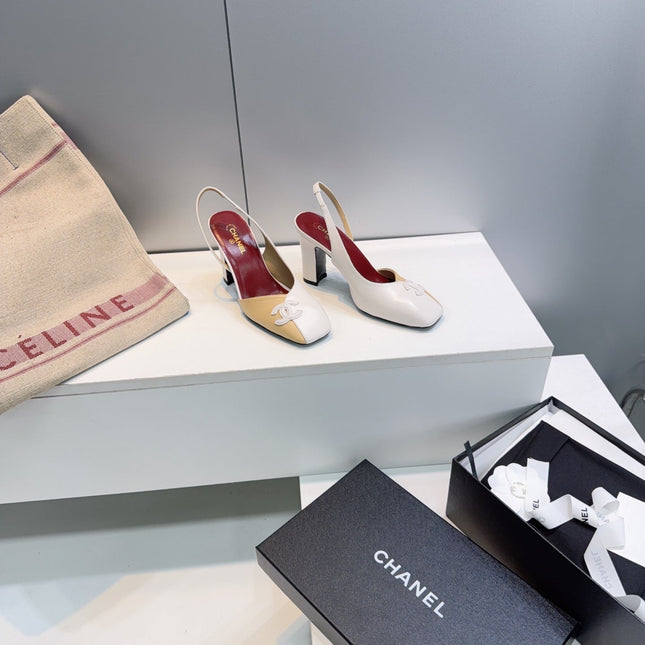 CHANEL 26S SLINGBACK 100 MM IN BEIGE AND WHITE LAMBSKIN