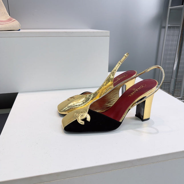 CHANEL 26S SLINGBACK 100 MM IN GOLD LAMBSKIN AND BLACK SUEDE