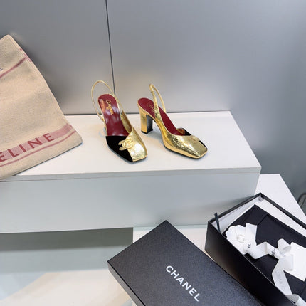 CHANEL 26S SLINGBACK 100 MM IN GOLD LAMBSKIN AND BLACK SUEDE
