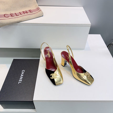 CHANEL 26S SLINGBACK 100 MM IN GOLD LAMBSKIN AND BLACK SUEDE