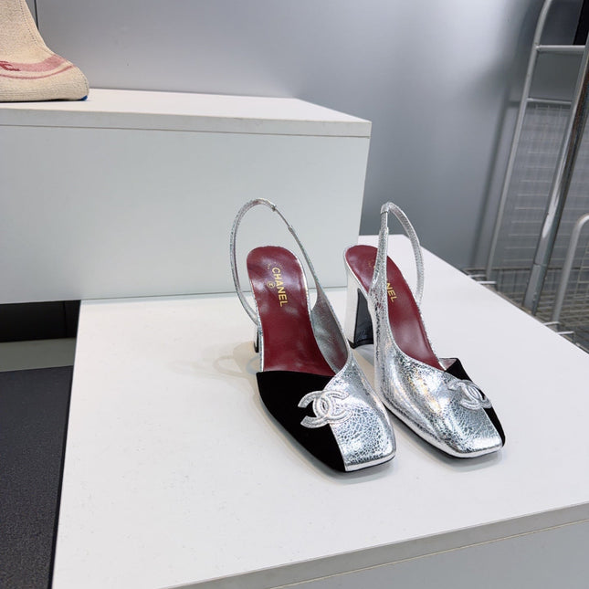 CHANEL 26S SLINGBACK 100 MM IN SILVER LAMBSKIN AND BLACK SUEDE