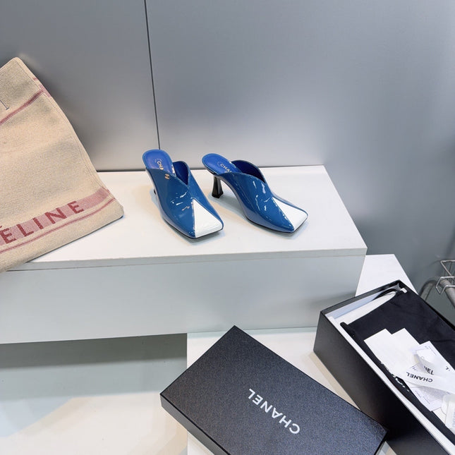 CHANEL 26S HIGH-HEEL MULES 70 MM IN BLUE AND WHITE LAMBSKIN
