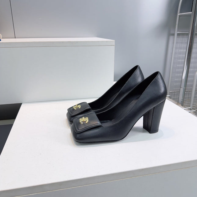 CHANEL 26S SQUARE-TOE HIGH HEELS 95 MM IN BLACK LAMBSKIN