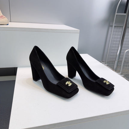CHANEL 26S SQUARE-TOE HIGH HEELS 95 MM IN BLACK SUEDE