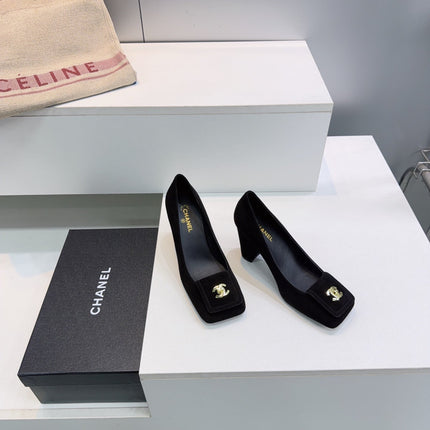 CHANEL 26S SQUARE-TOE HIGH HEELS 95 MM IN BLACK SUEDE