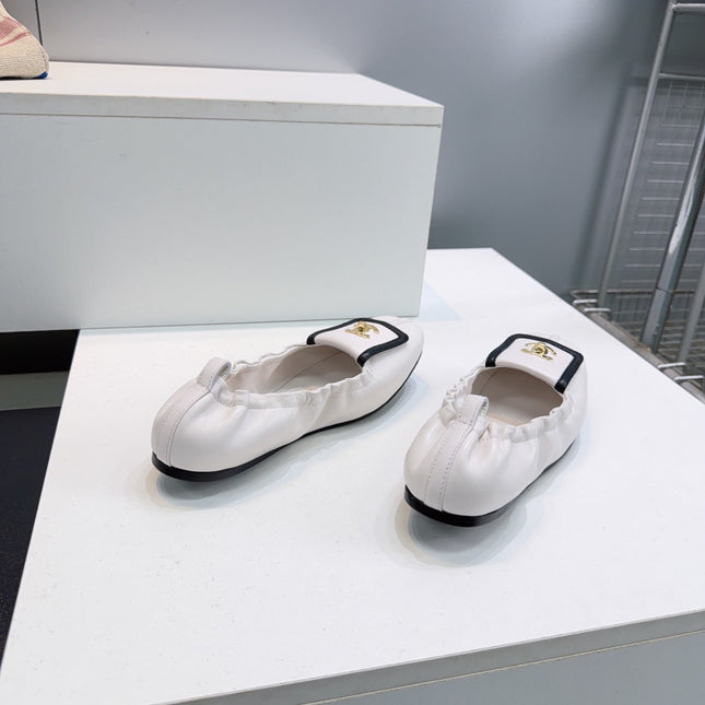 CHANEL 26S BALLERINA FLATS IN WHITE WITH BLACK TRIM LAMBSKIN