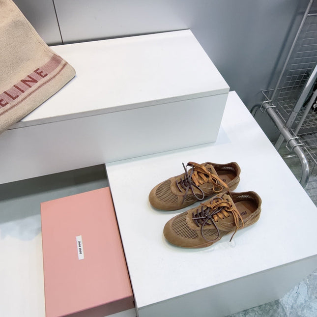 MIUMIU 26S SNEAKERS IN CARAMEL BROWN MESH AND SUEDE
