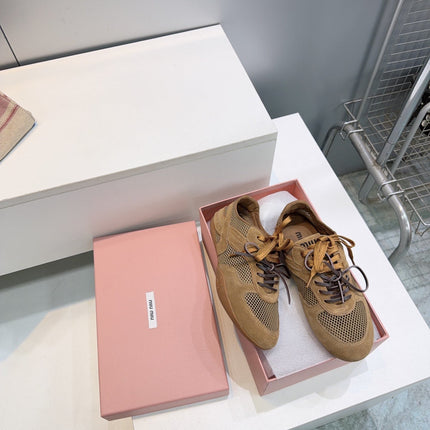 MIUMIU 26S SNEAKERS IN CARAMEL BROWN MESH AND SUEDE