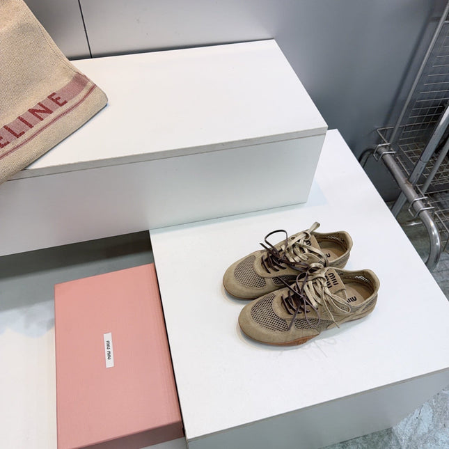 MIUMIU 26S SNEAKERS IN OLIVE BROWN MESH AND SUEDE