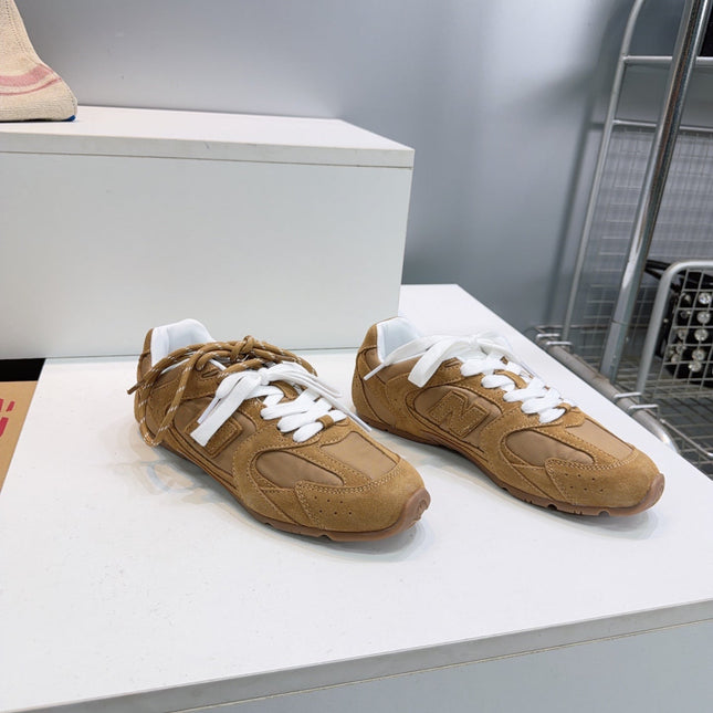 MIUMIU 26S NEW BALANCE SNEAKERS IN TAN BROWN SUEDE & FABRIC