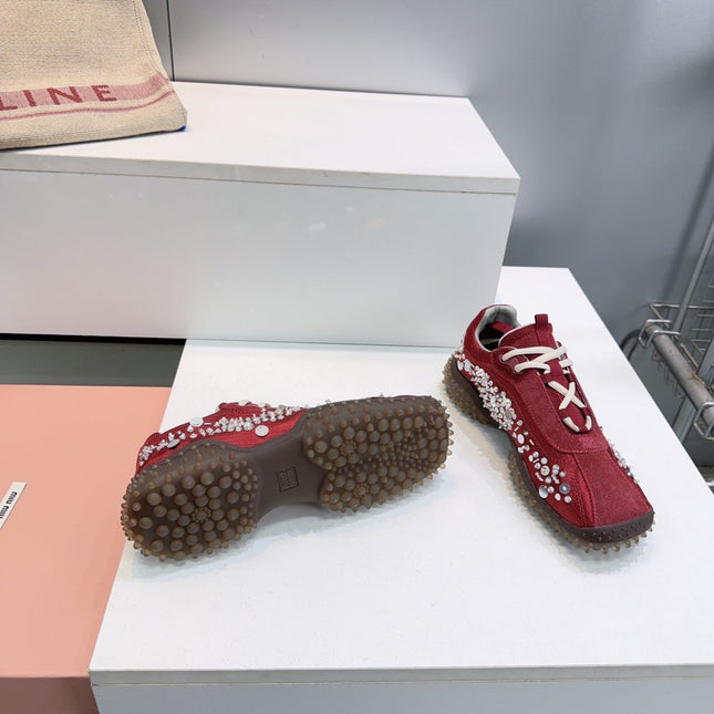MIUMIU 26S SNEAKERS IN DARK RED FABRIC AND SUEDE CRYSTAL EMBELLISHED