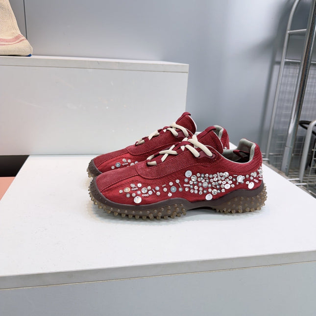 MIUMIU 26S SNEAKERS IN DARK RED FABRIC AND SUEDE CRYSTAL EMBELLISHED