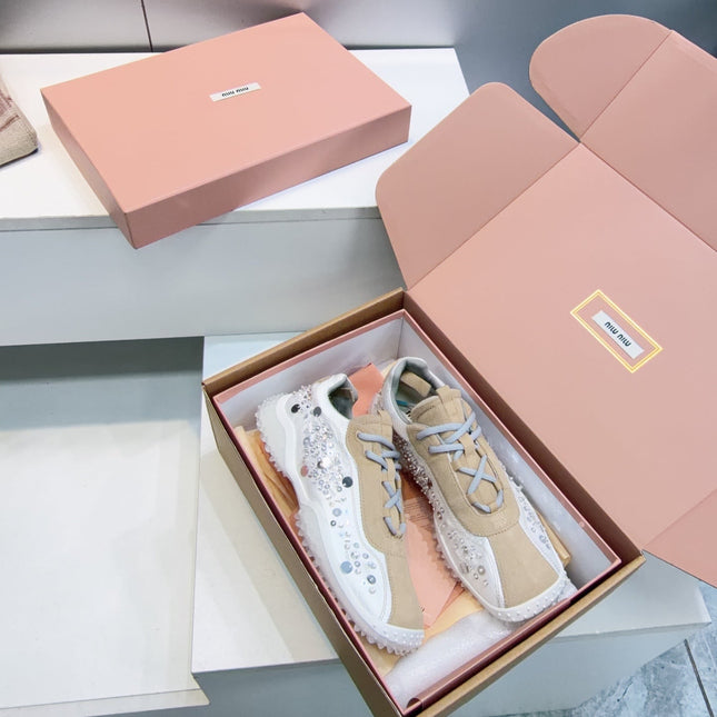 MIUMIU 26S SNEAKERS IN WHITE FABRIC AND BROWN SUEDE CRYSTAL EMBELLISHED