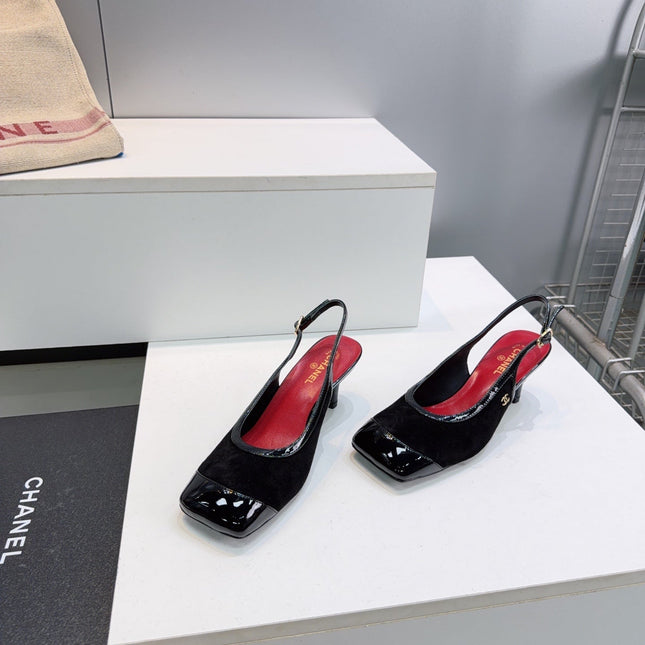 CHANEL 26S HIGH HEEL SLINGBACK PUMPS 65 MM IN BLACK LAMBSKIN AND SUEDE