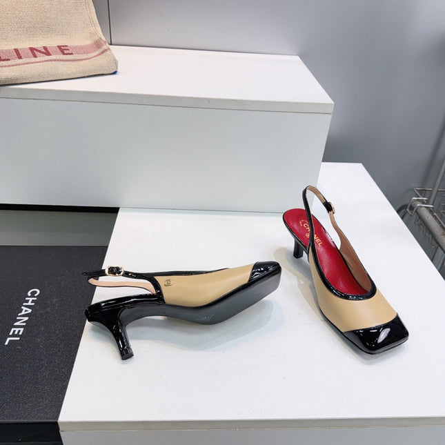CHANEL 26S HIGH HEEL SLINGBACK PUMPS 65 MM IN BLACK AND BEIGE LAMBSKIN