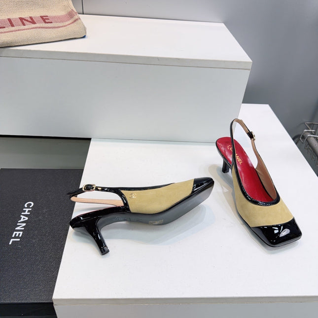 CHANEL 26S HIGH HEEL SLINGBACK PUMPS 65 MM IN BLACK LAMBSKIN AND BEIGE SUEDE