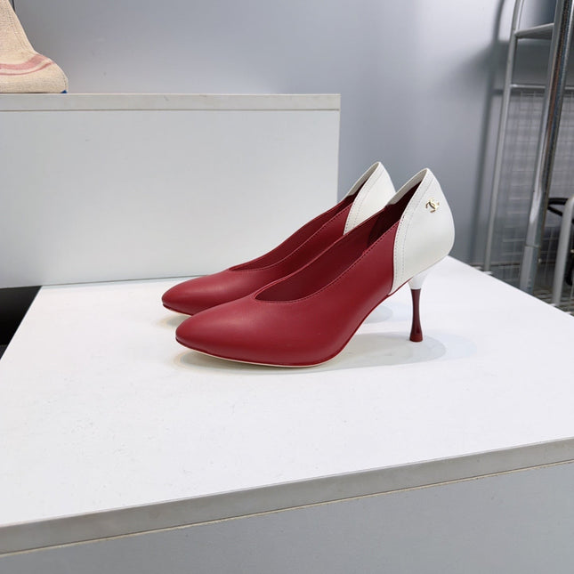 CHANEL 26S HIGH HEEL PUMPS 85 MM IN RED AND WHITE CALFSKIN