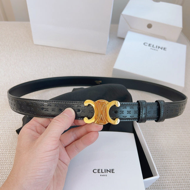 CELINE 25S BELT TRIOMPHE 25MM IN BLACK CALFSKIN DEBOSSED LOGO 563328