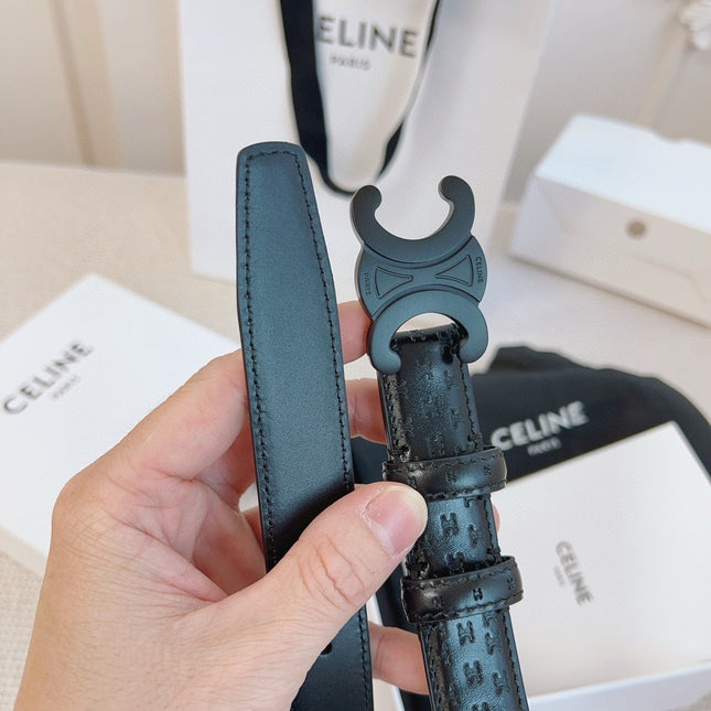 CELINE 25S BELT TRIOMPHE 25MM IN BLACK CALFSKIN DEBOSSED LOGO 563330
