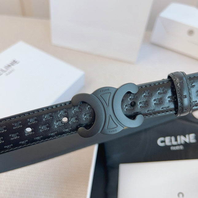 CELINE 25S BELT TRIOMPHE 25MM IN BLACK CALFSKIN DEBOSSED LOGO 563330