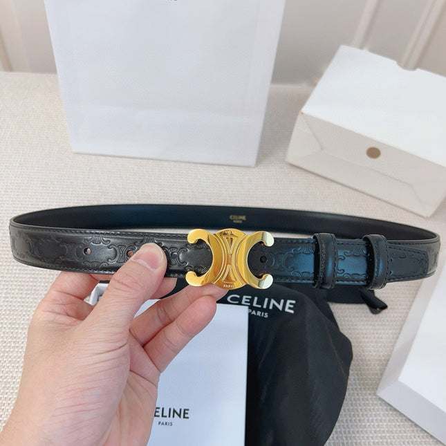 CELINE 25S BELT 25MM TRIOMPHE IN BLACK CALFSKIN GOLD HARDWARE 563332