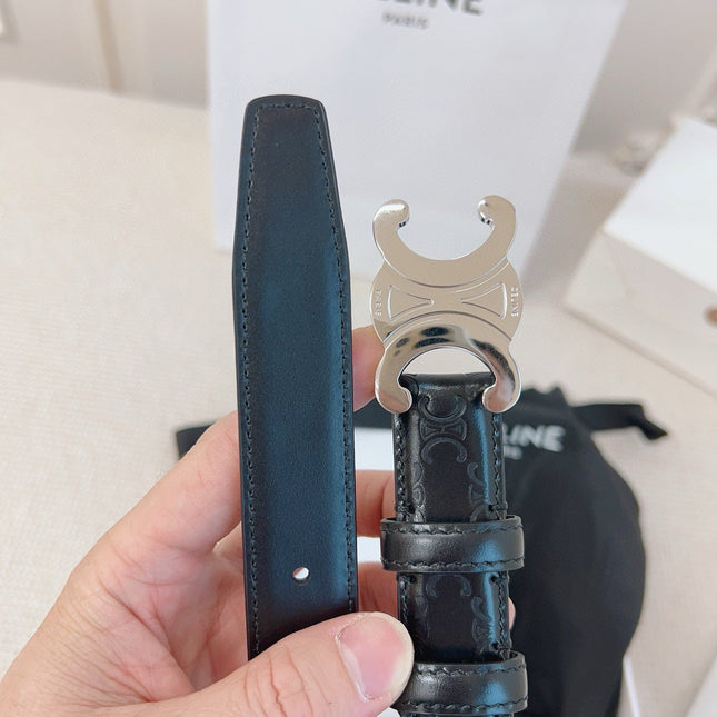 CELINE 25S BELT 25MM TRIOMPHE IN BLACK CALFSKIN SILVER HARDWARE 563333