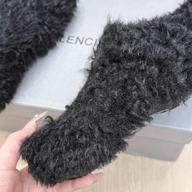 BALENCIAGA 25S MULES IN BLACK FAUX FUR