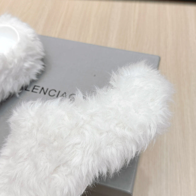 BALENCIAGA 25S MULES IN WHITE FAUX FUR
