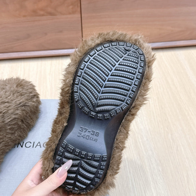 BALENCIAGA 25S MULES IN BROWN FAUX FUR