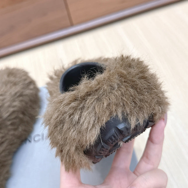 BALENCIAGA 25S MULES IN BROWN FAUX FUR