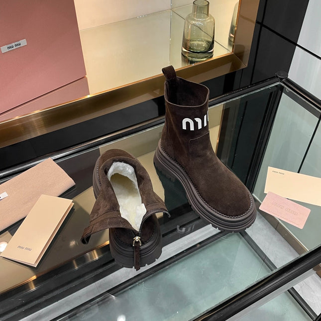 MIUMIU 26S LOGO CHUNKY ANKLE BOOTS IN DARK BROWN SUEDE 
