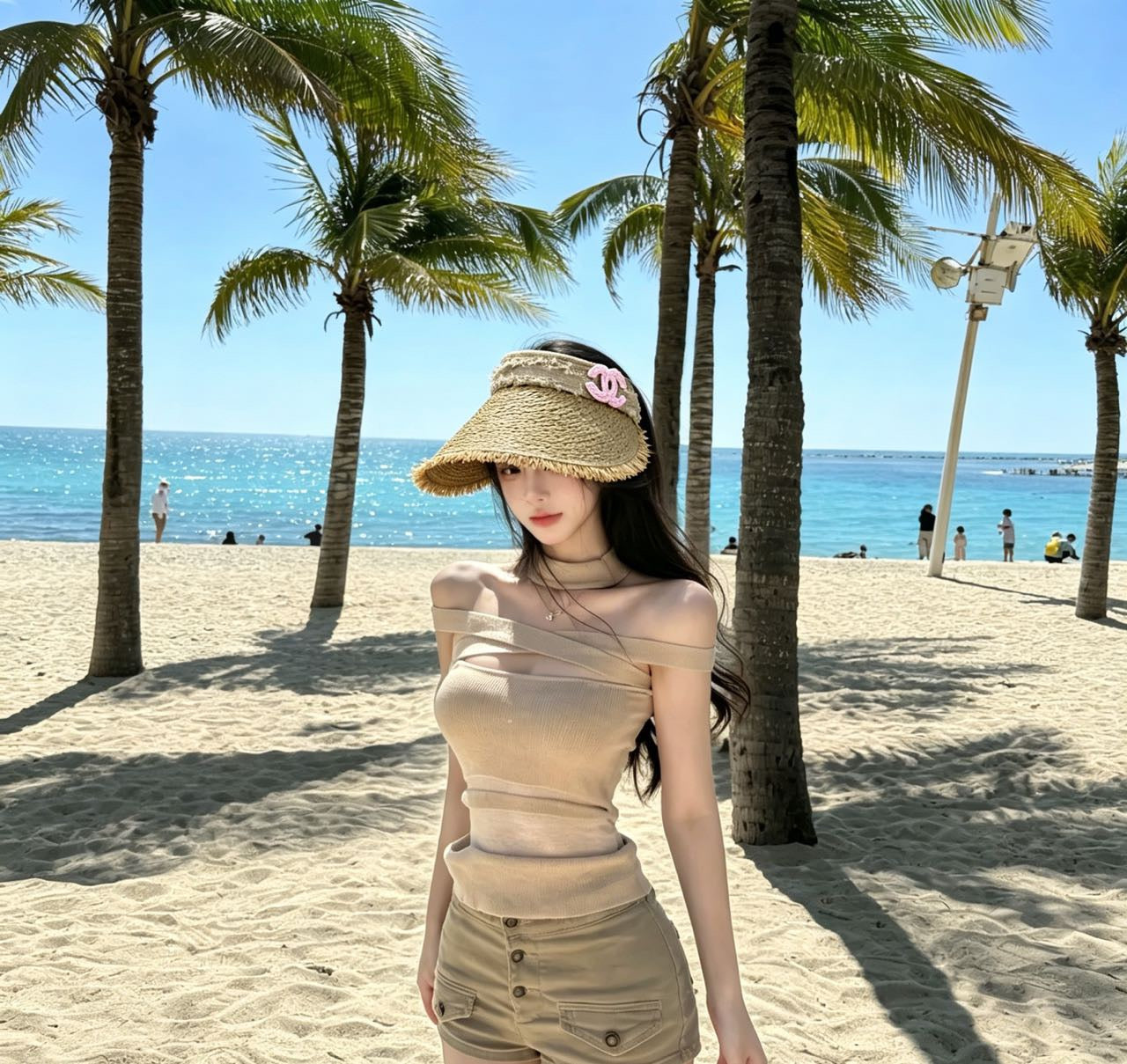 CHANEL 26S RAFFIA VISOR WITH PINK CC LOGO 338094