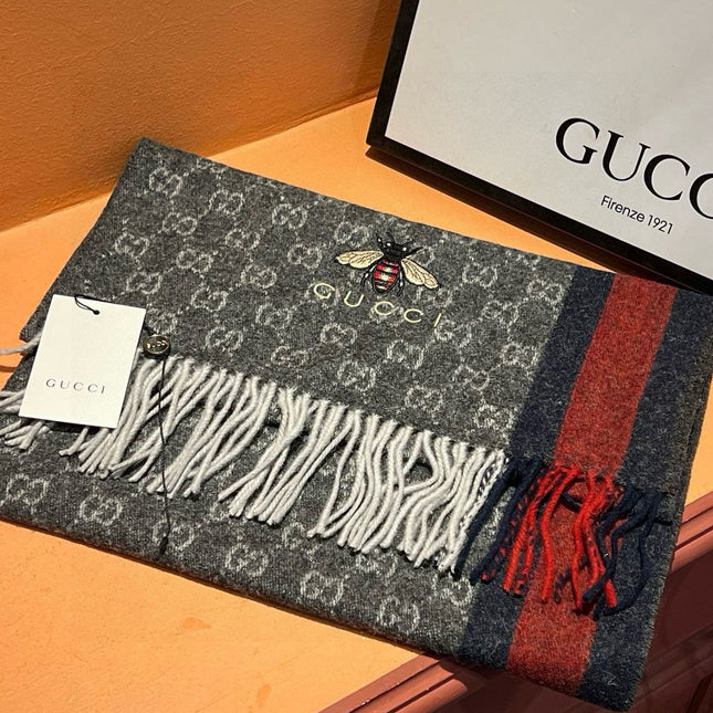 SCARF 180 CM IN BLACK CASHMERE WITH BEE PATTERN 396473
