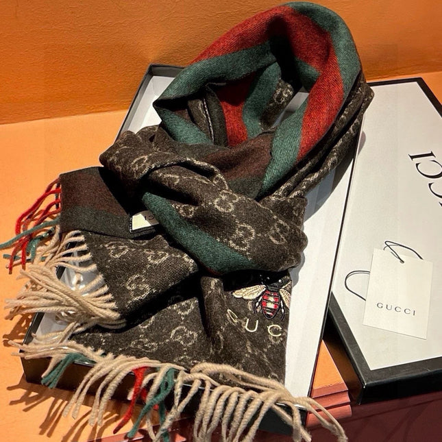 SCARF 180 CM IN CAROB BROWN CASHMERE WITH BEE PATTERN 396475
