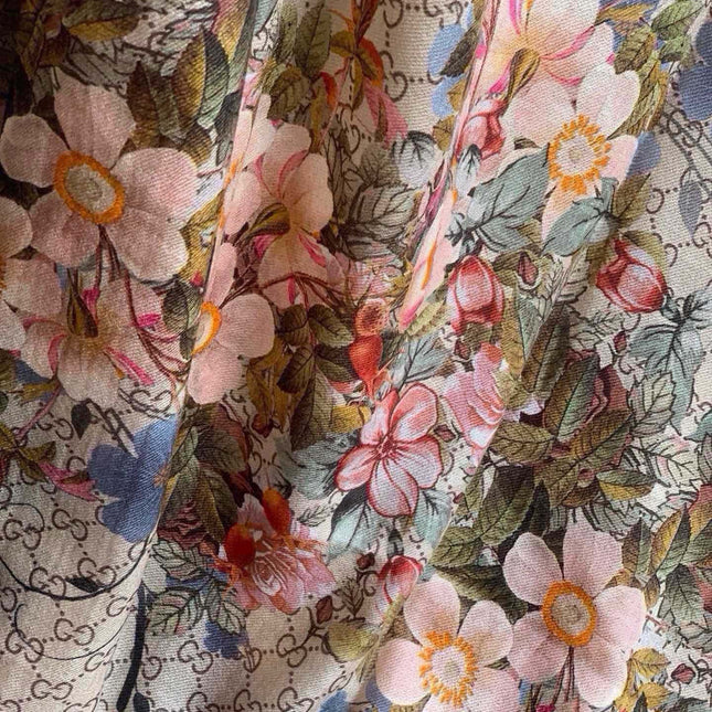 SCARF 200 CM IN MEDIUM BROWN CASHMERE WITH COLORFUL FLOWER 405254