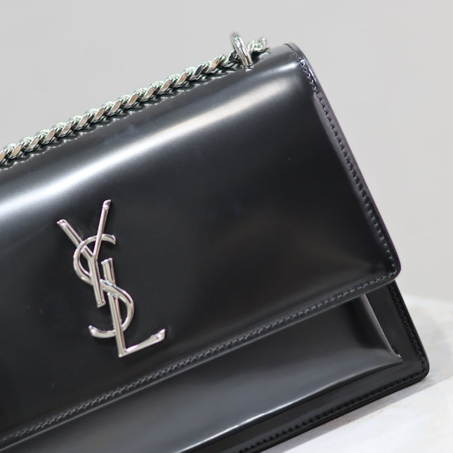 YSL 25S SUNSET MEDIUM 22 IN BLACK SHINY CALFSKIN SILVER HARDWARE