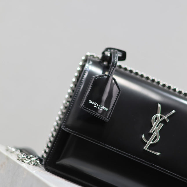 YSL 25S SUNSET MEDIUM 22 IN BLACK SHINY CALFSKIN SILVER HARDWARE