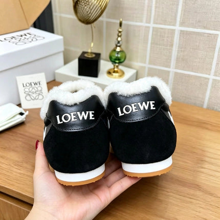 LOEWE 26S LACE UP SNEAKERS IN BLACK SUEDE AND NYLON WITH SHEARLING