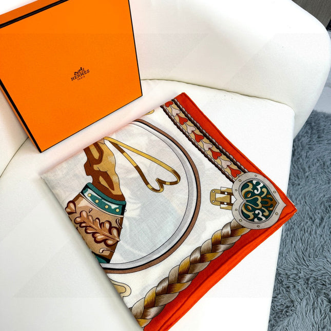 HERMES 26S PRINTED SQUARE SCARF 135 IN CASHMERE AND SILK 309422
