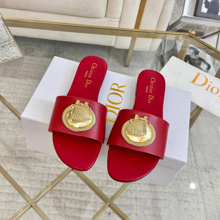 DIOR 26S  FLAT SLIDE SANDALS IN DARK RED CALFSKIN WITH GOLD HARDWARE