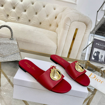 DIOR 26S  FLAT SLIDE SANDALS IN DARK RED CALFSKIN WITH GOLD HARDWARE